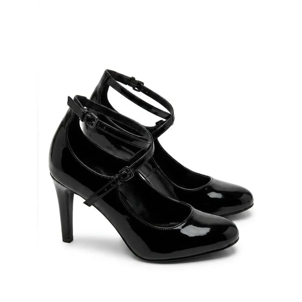 Elegant Black Patent Leather Women's Ankle Strap Heels by Nine West size 8.5 EUC